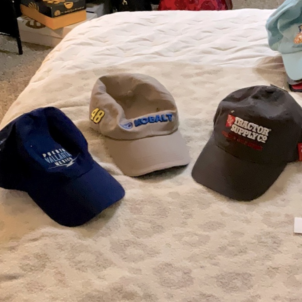 3. Ball caps. 3 hats navy gray tan . unisex hats never used